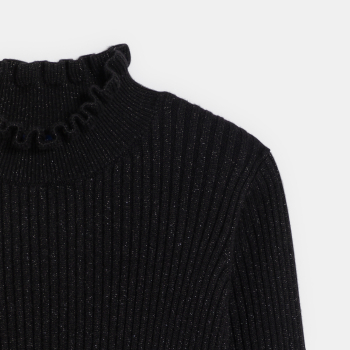 كنزة مضلّعة رقبة عالية مكشكشة باللون الأسود للفتيات